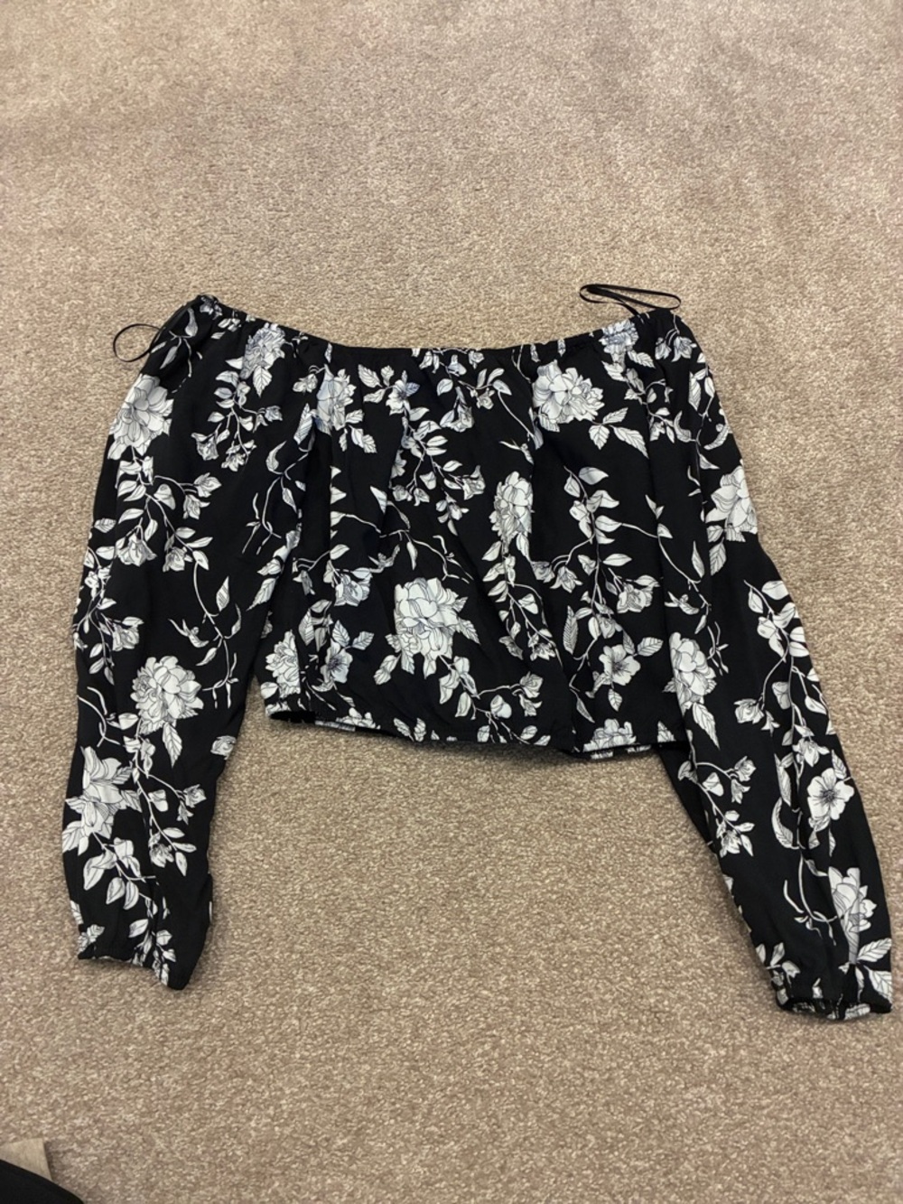 miami Black Off-Shoulder Floral Blouse with White Print